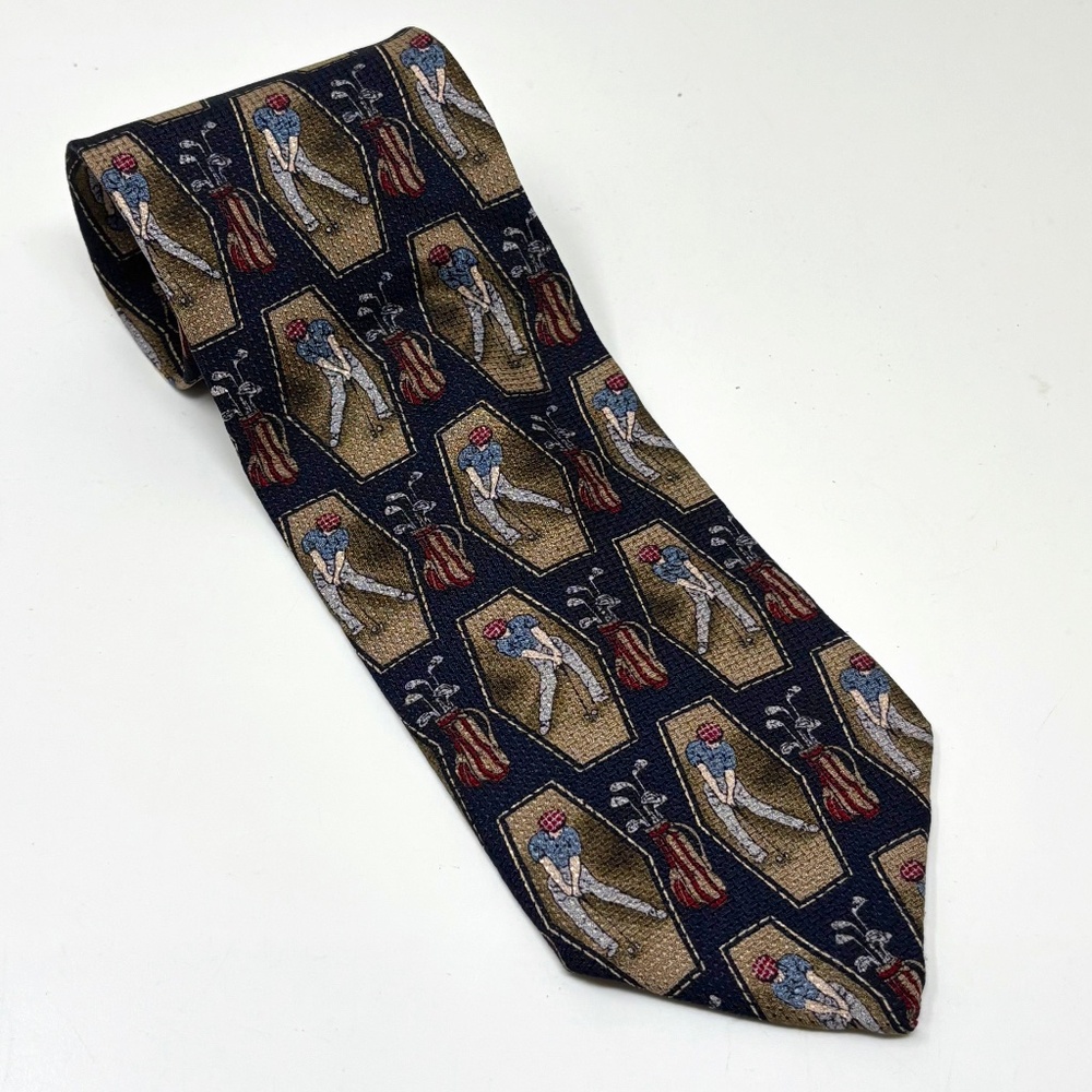 Savvy Mens Wide Neck Tie Old Timey Golfers Golf Bags 100% Silk Vintage USA
